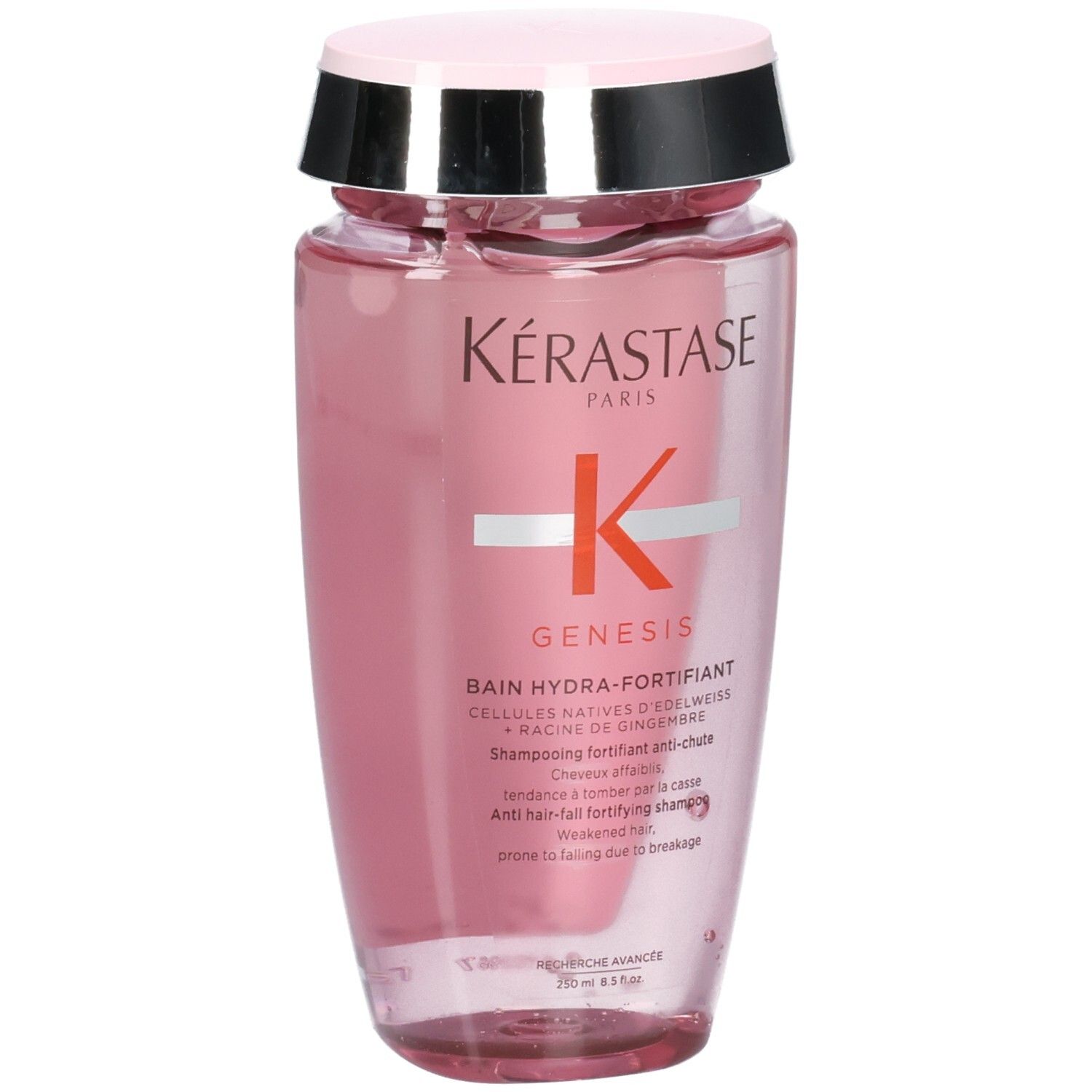 Kérastase Genesis Bain Hydra-Fortifiant Shampoo, 250ml, dans une bouteille rose.