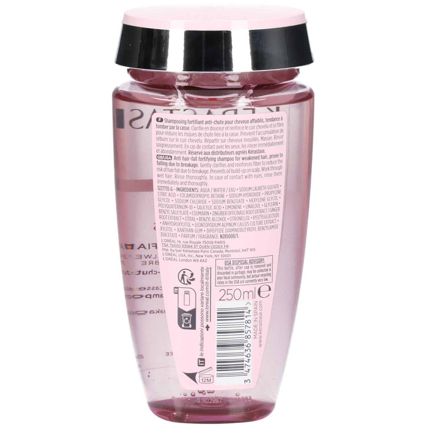 Arrière de la bouteille Kérastase Genesis Bain Hydra-Fortifiant Shampoo avec ingrédients et volume.