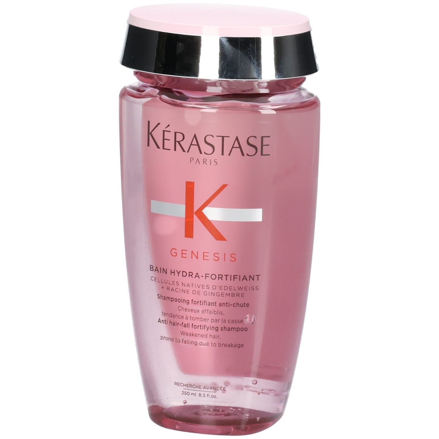 Kérastase Genesis Bain Hydra-Fortifiant Shampoo, 250ml, dans une bouteille rose.