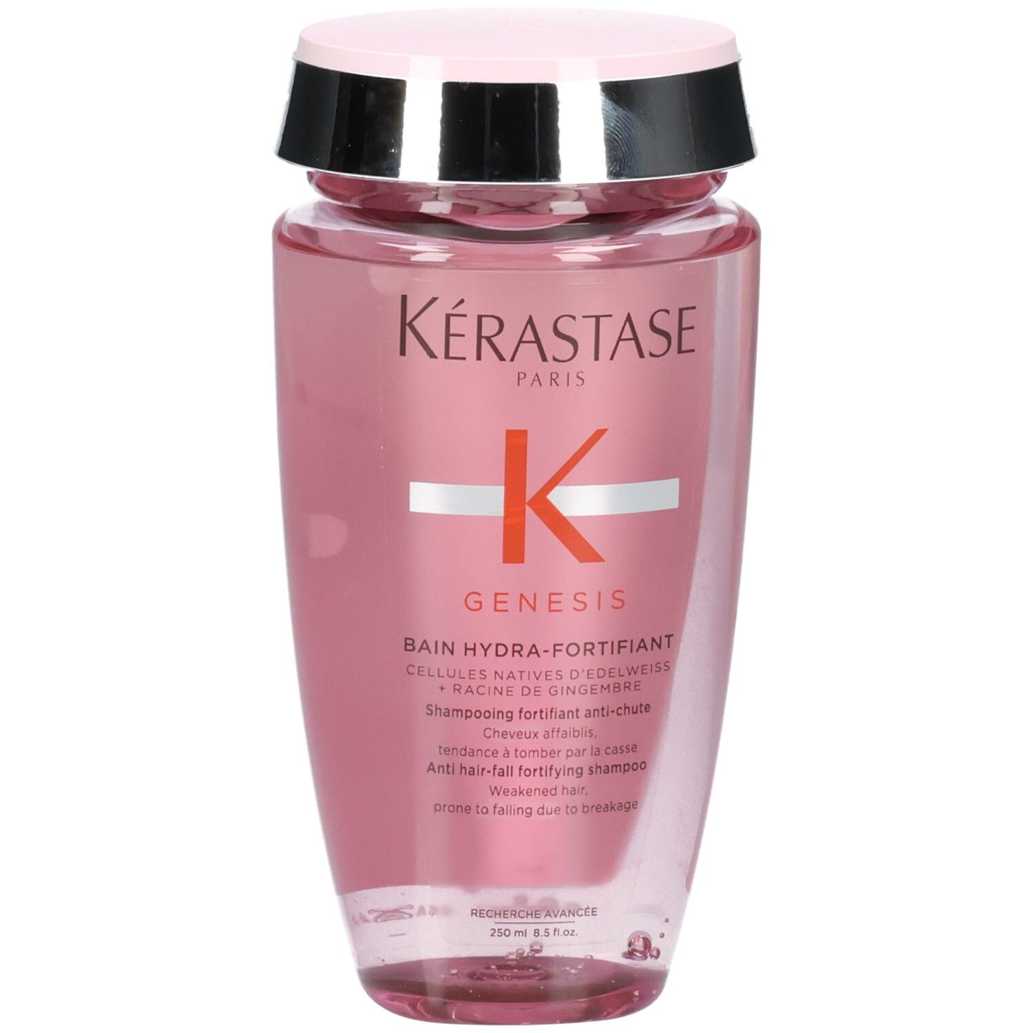 Kérastase Genesis Bain Hydra-Fortifiant Shampoo, 250ml, dans une bouteille rose.