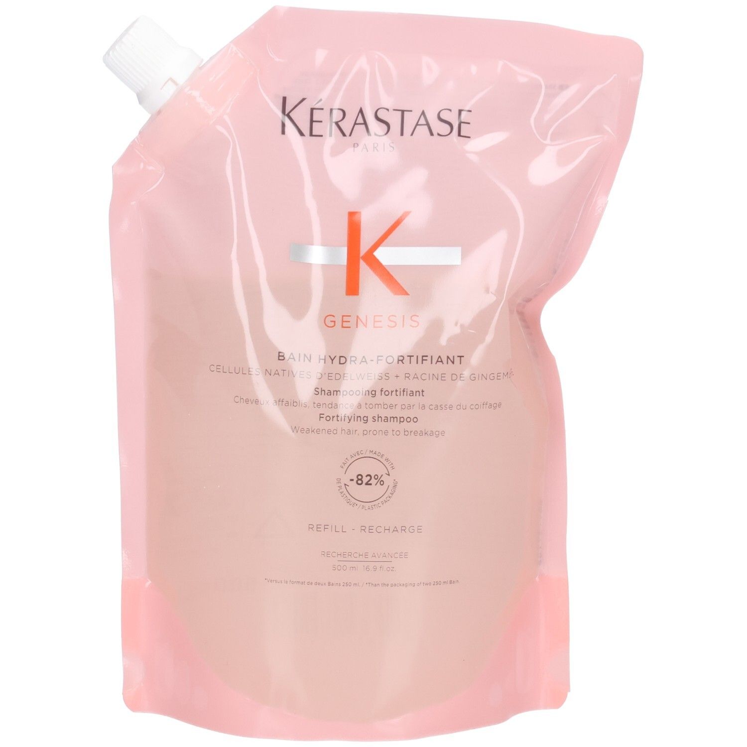 Kérastase Genesis Bain Hydra-Fortifiant Shampoo Recharge. Pochette rose avec bec verseur blanc.