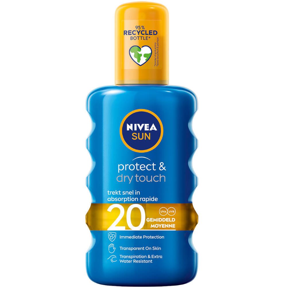 Blauwe fles met gele dop. Opschrift: NIVEA SUN protect & dry touch 20. Gerecyclede fles.