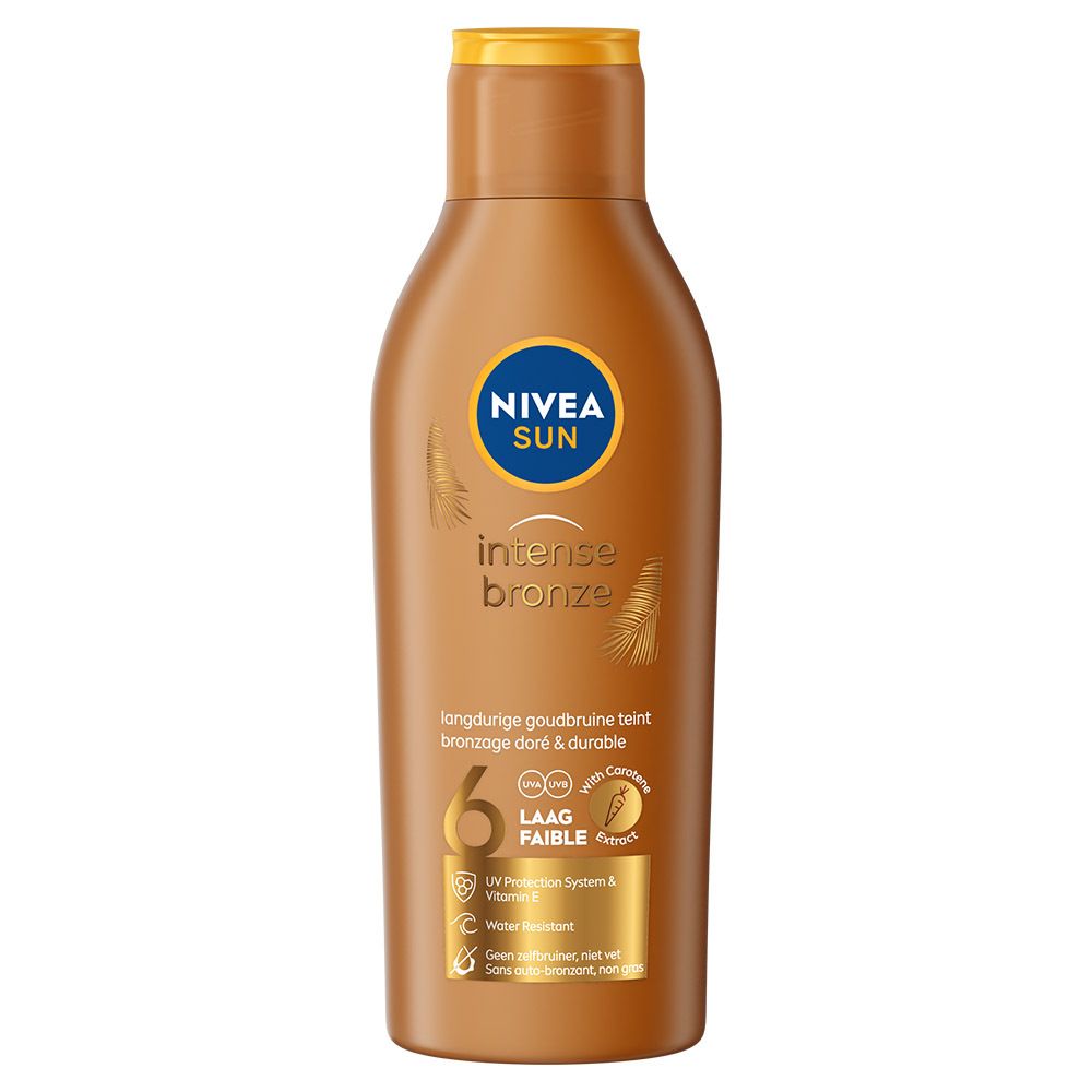 Flacon brun NIVEA Sun Carotene Sun Lotion LSF 6. Bouchon jaune, étiquette orange avec informations produit.
