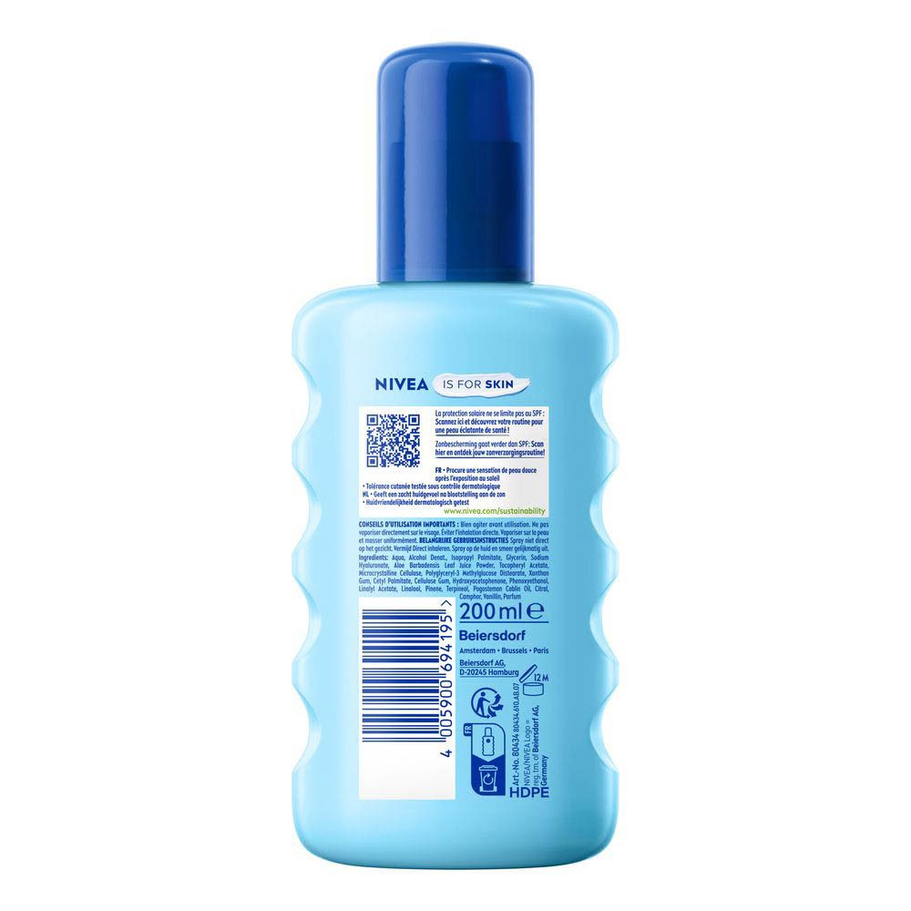 Achterkant van de lichtblauwe fles met blauwe dop. Tekst en informatie.