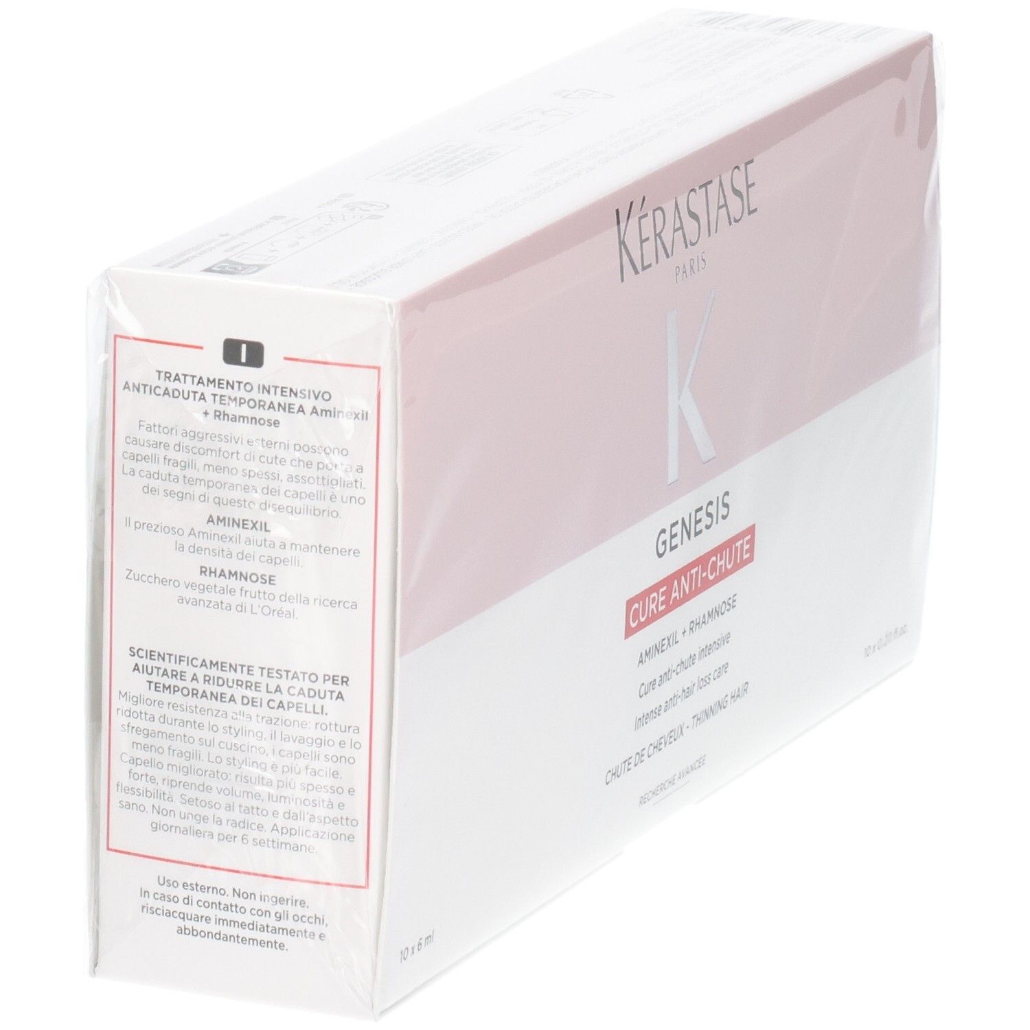 Kérastase Genesis Cure Anti-Chute Intensive boîte de 10 ampoules de 6ml, verso avec informations produit.