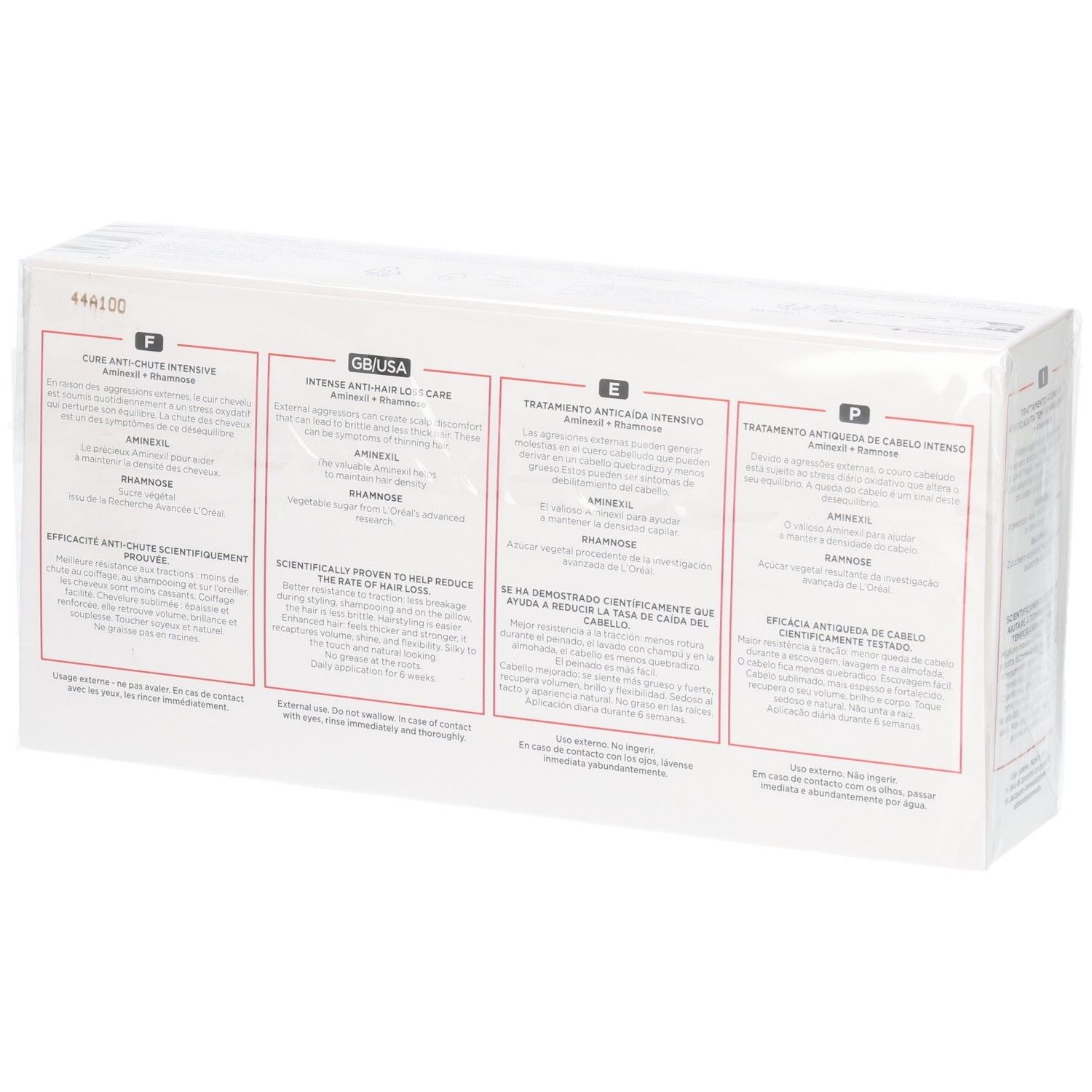 Kérastase Genesis Cure Anti-Chute Intensive boîte, côté avec instructions d'application multilingues.