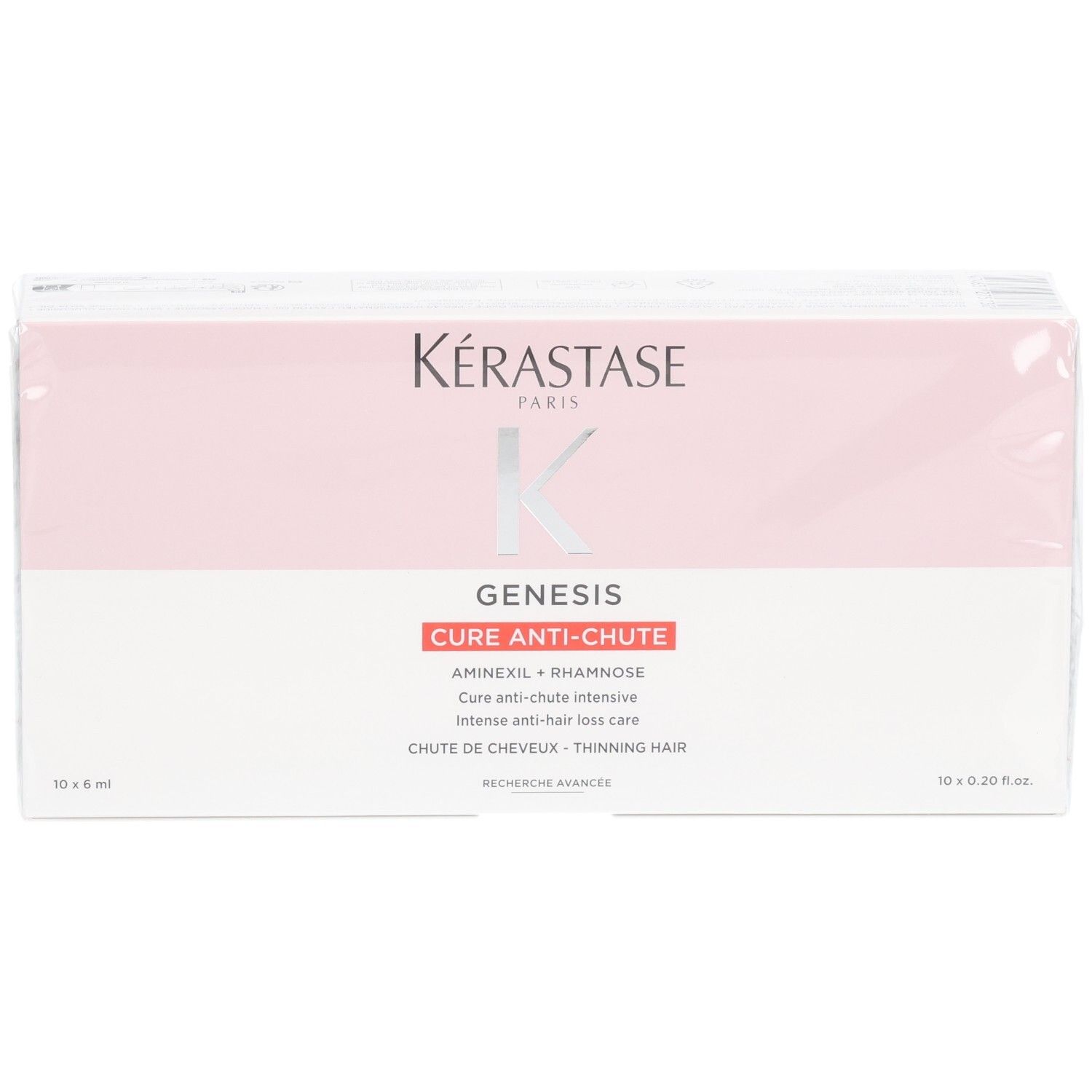 Kérastase Genesis Cure Anti-Chute Intensive boîte de 10 ampoules de 6ml, face avant avec logo et nom produit.