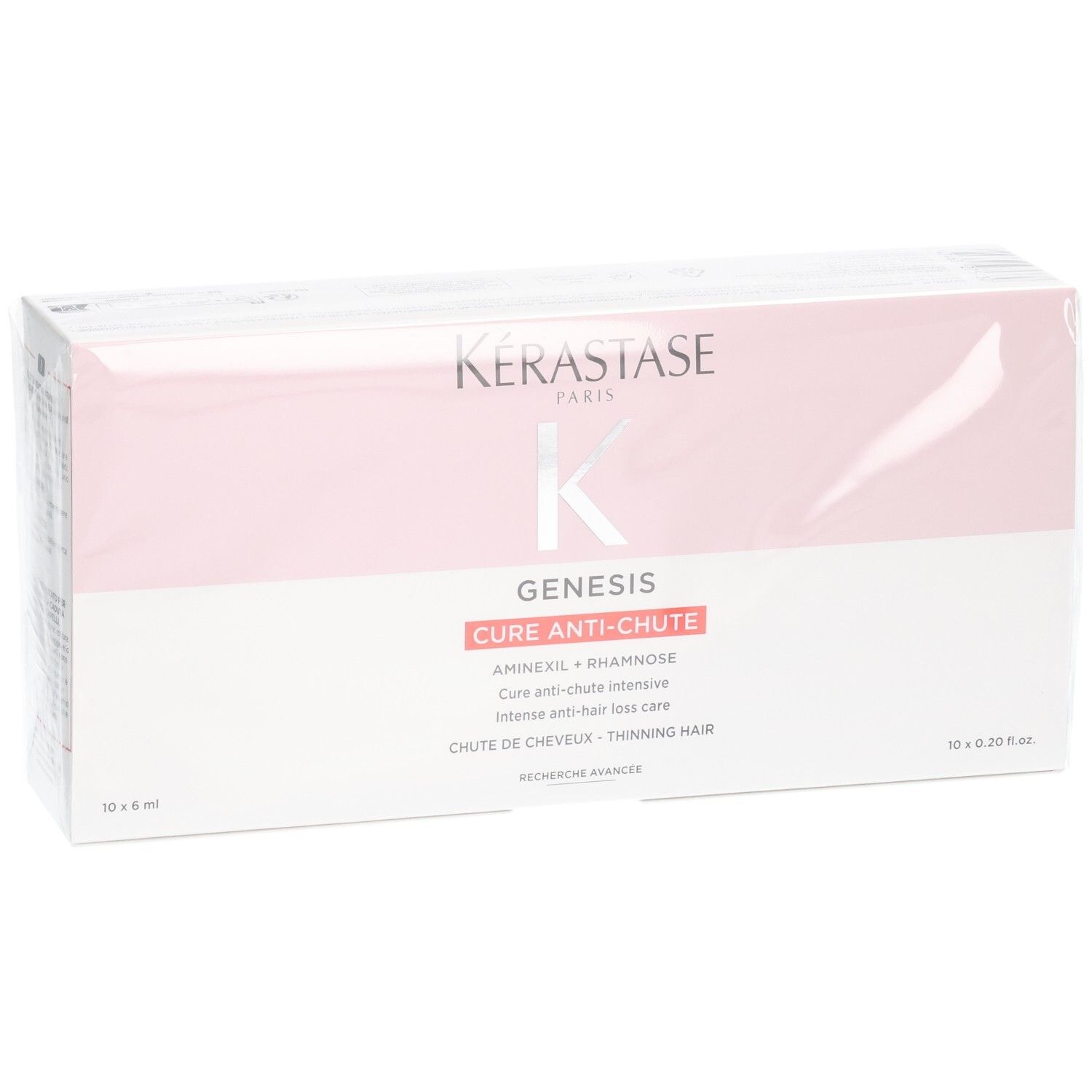 Kérastase Genesis Cure Anti-Chute Intensive boîte de 10 ampoules de 6ml, face avant avec logo et nom produit.