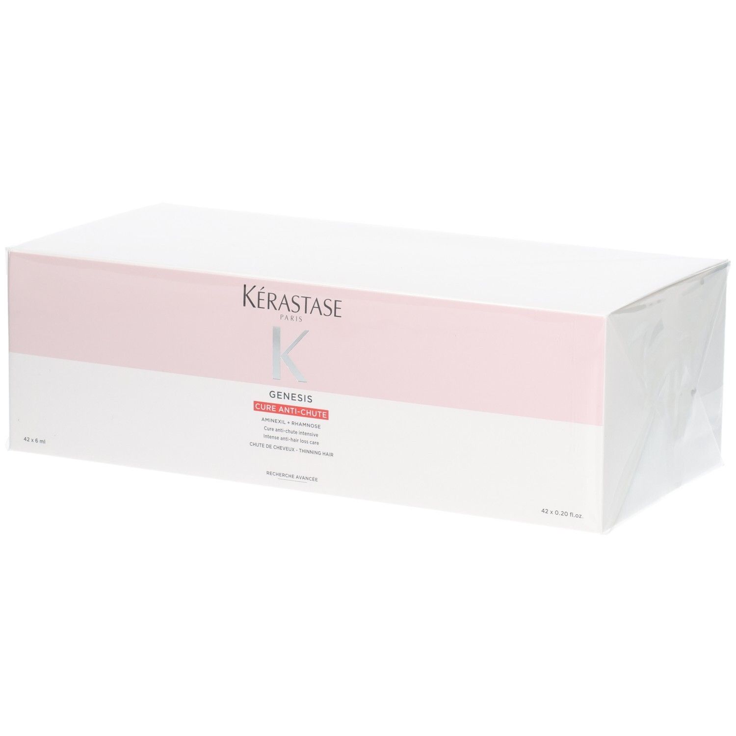 Boîte Kérastase Genesis Cure Anti-Chute Intensive, blanche avec bande rose.
