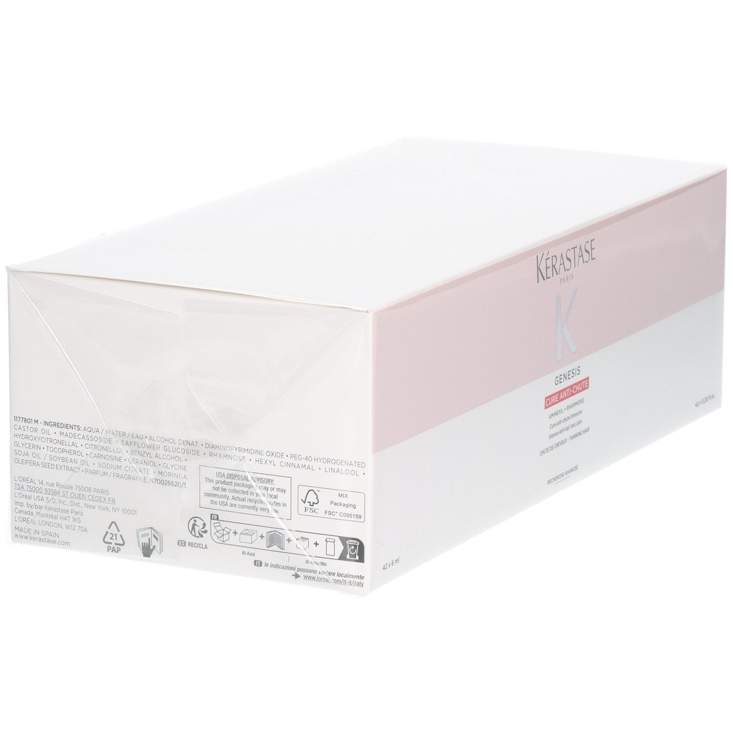 Arrière de la boîte Kérastase Genesis Cure Anti-Chute Intensive avec ingrédients et symboles.