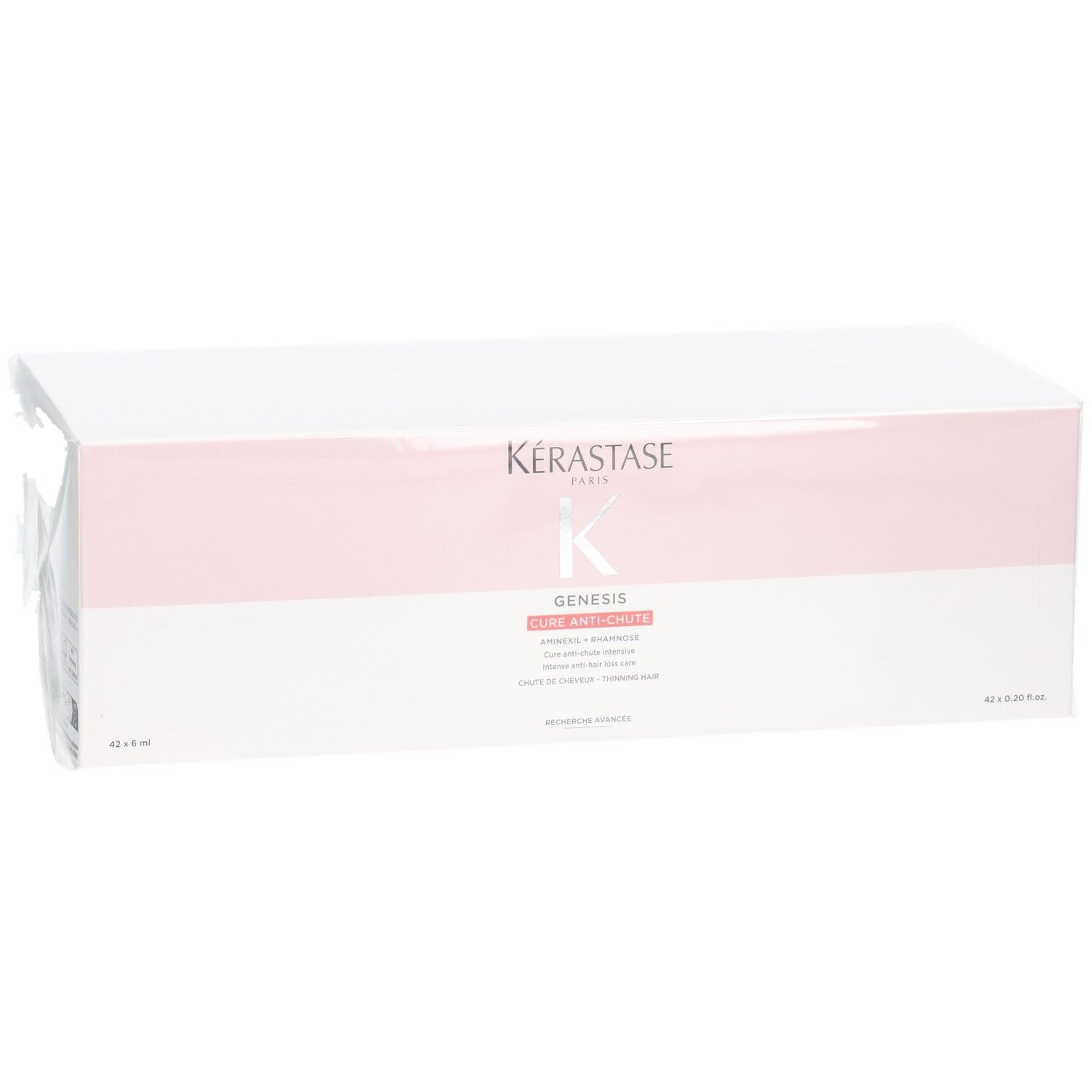 Boîte Kérastase Genesis Cure Anti-Chute Intensive, blanche avec bande rose et informations produit.