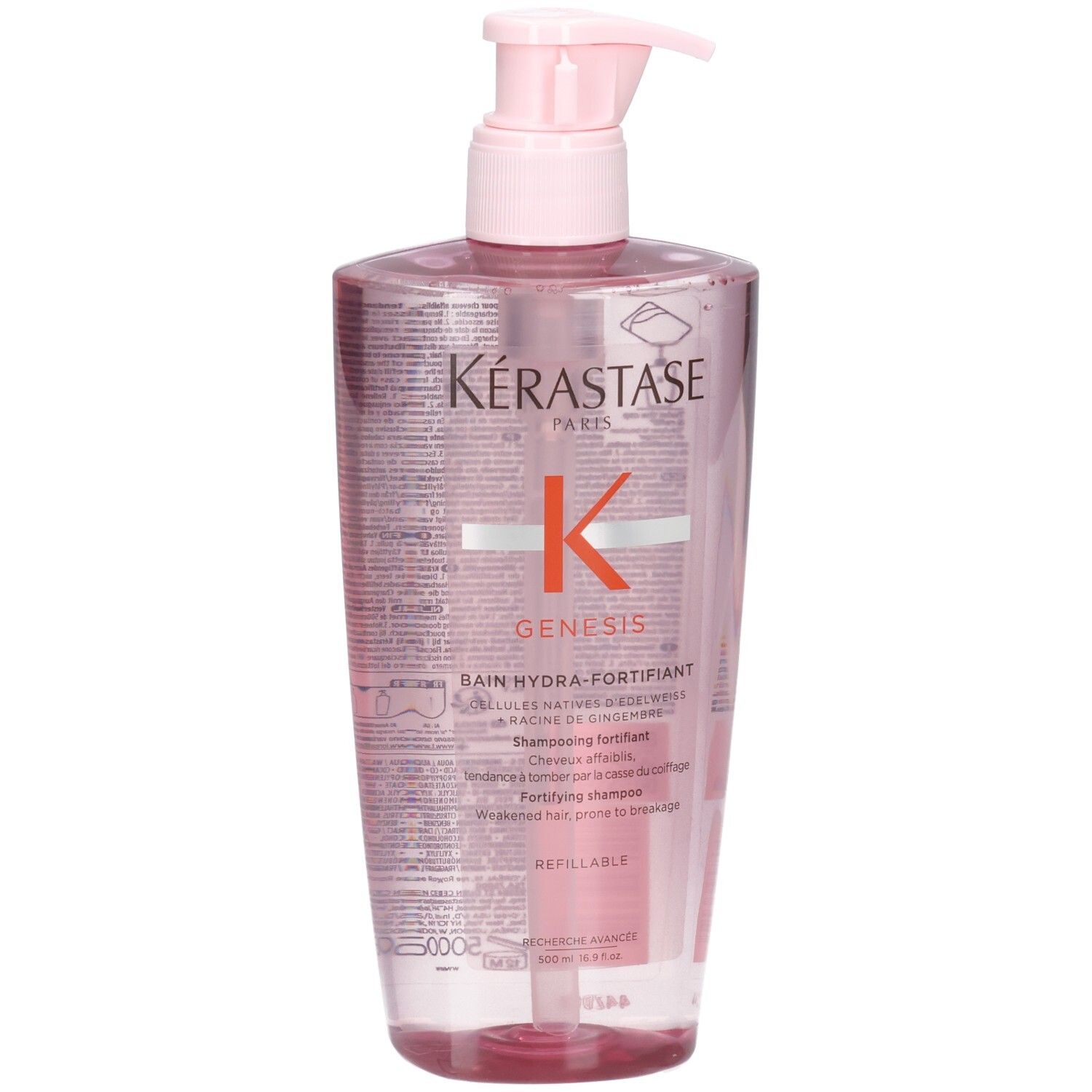 Bouteille Kérastase Genesis Bain Hydra-Fortifiant avec distributeur rose.