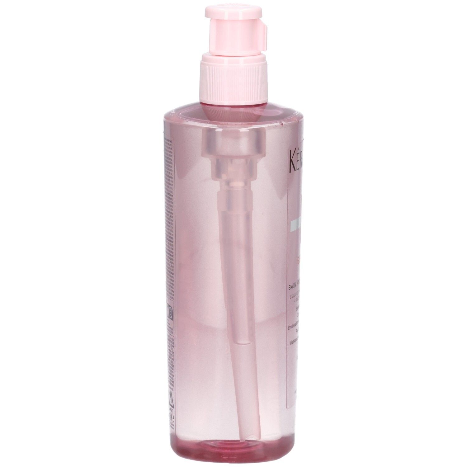 Arrière de la bouteille Kérastase Genesis Bain Hydra-Fortifiant avec distributeur rose.