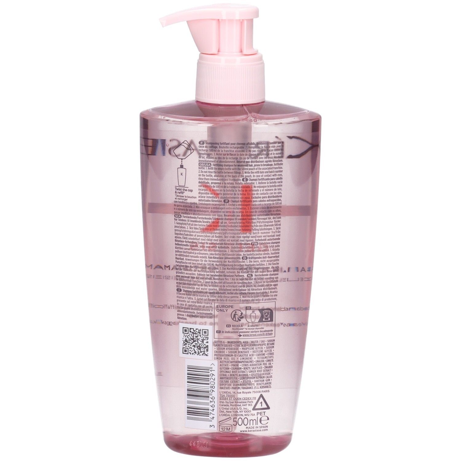 Arrière de la bouteille Kérastase Genesis Bain Hydra-Fortifiant avec distributeur rose et étiquette.