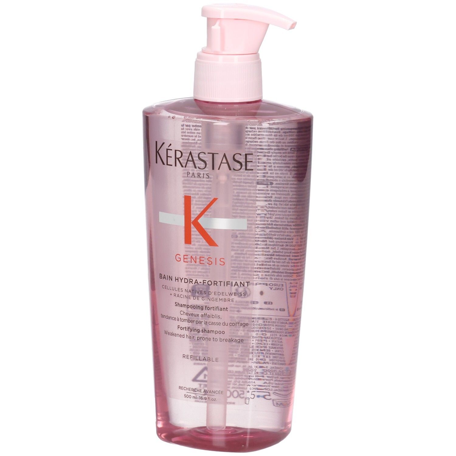 Bouteille Kérastase Genesis Bain Hydra-Fortifiant avec distributeur rose, vue de face.