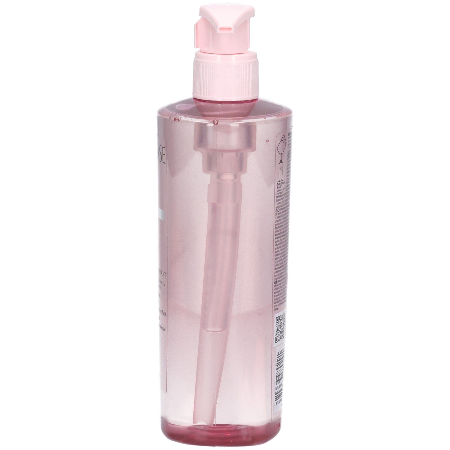 Côté de la bouteille Kérastase Genesis Bain Hydra-Fortifiant avec distributeur rose.