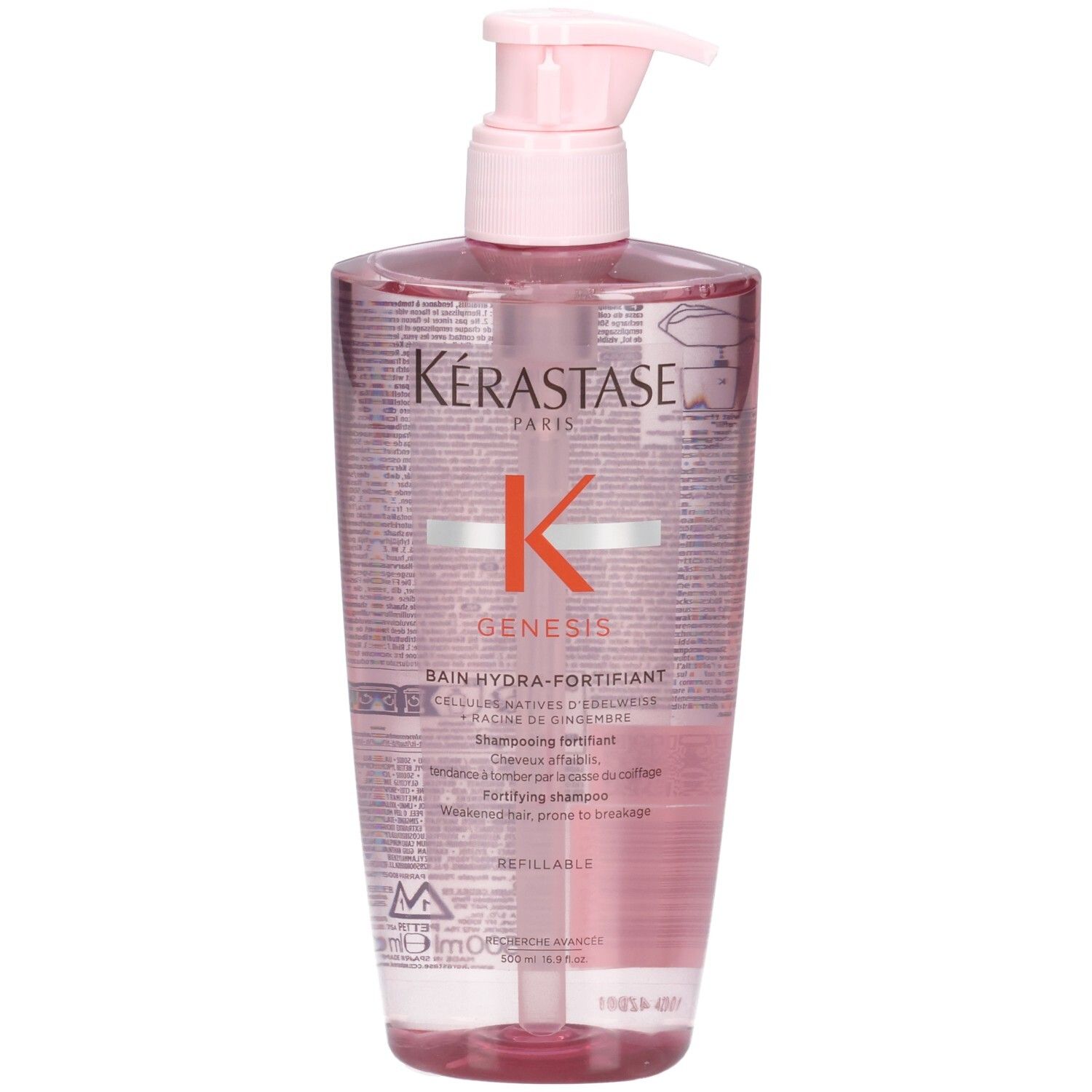Bouteille Kérastase Genesis Bain Hydra-Fortifiant avec distributeur rose, légèrement inclinée.