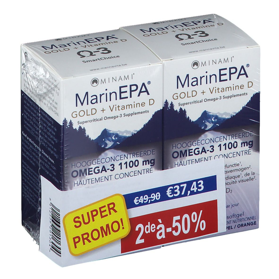 Deux boîtes de MarinEPA Gold + Vitamine D. Emballage blanc avec nom du produit et symbole Oméga-3. Étiquette Super Promo.
