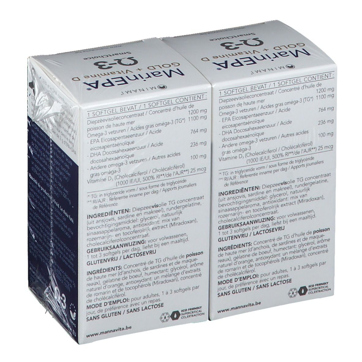 Deux boîtes de MarinEPA Gold + Vitamine D. Emballage blanc avec nom du produit et symbole Oméga-3. Ingrédients et informations.