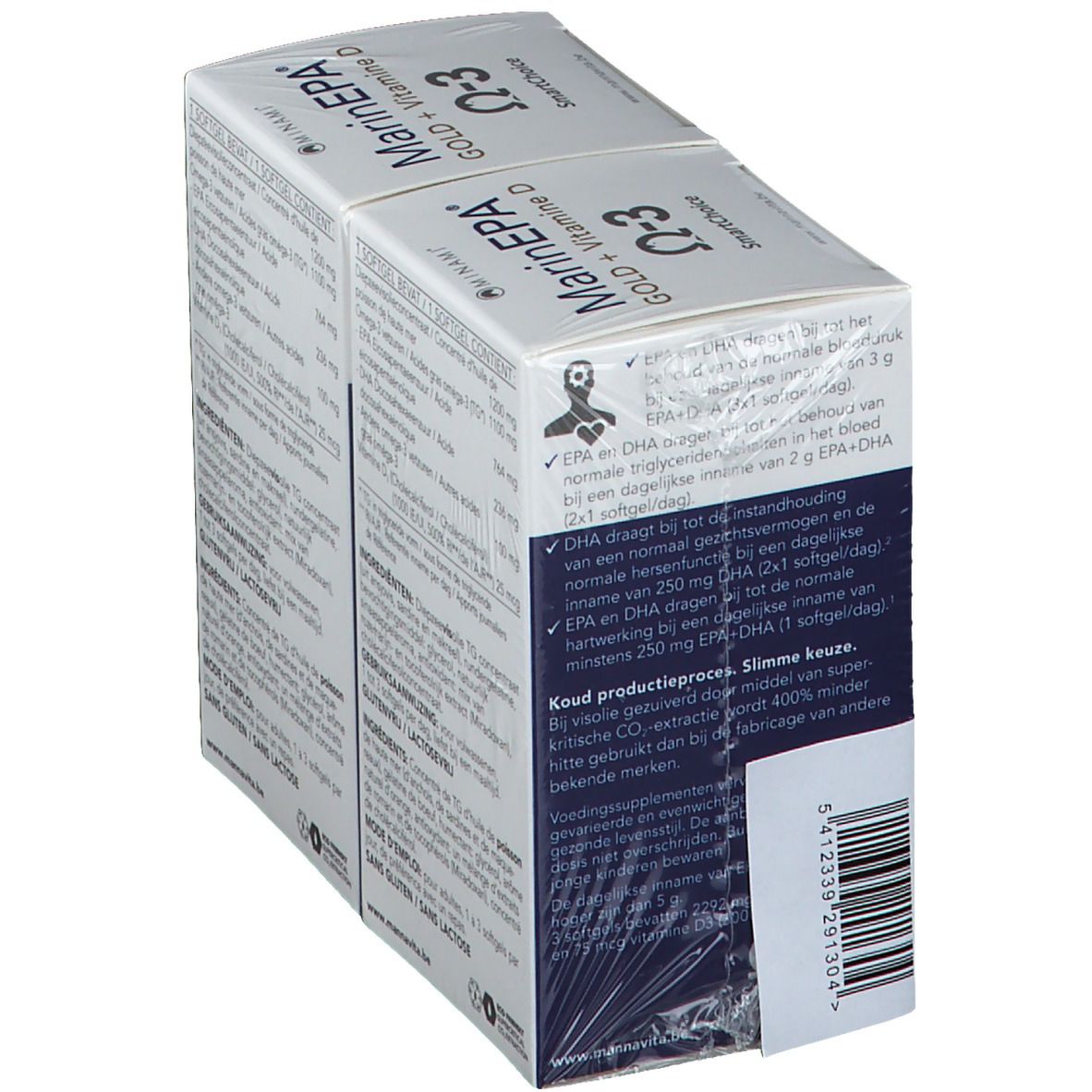 Deux boîtes de MarinEPA Gold + Vitamine D. Emballage blanc avec nom du produit et symbole Oméga-3. Informations textuelles.