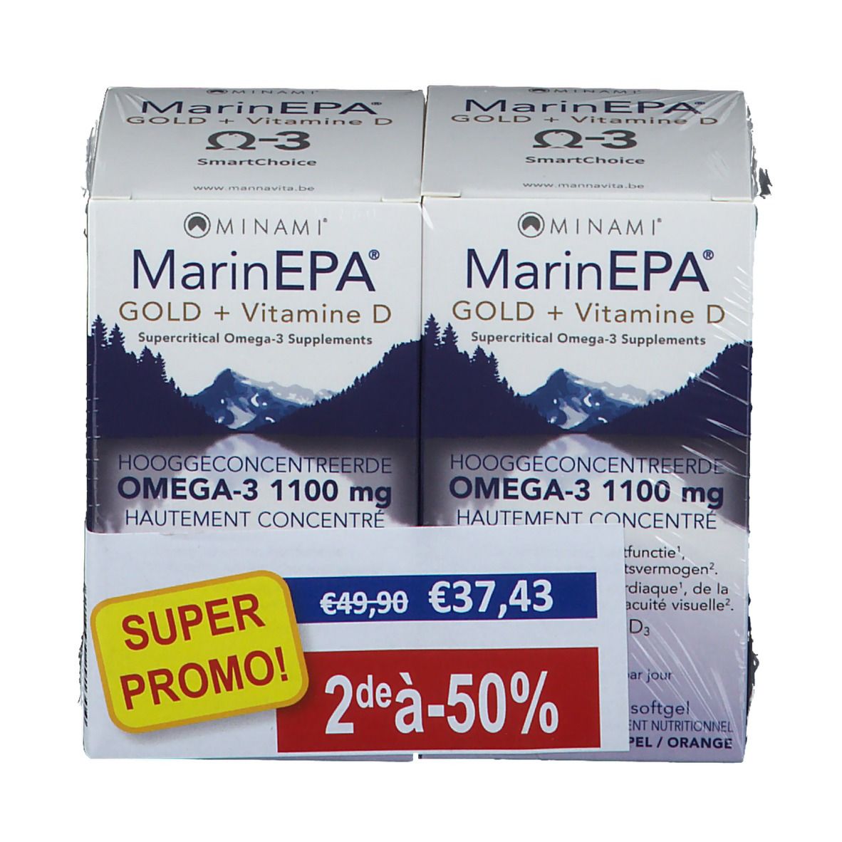 Deux boîtes de MarinEPA Gold + Vitamine D. Emballage blanc avec nom du produit et symbole Oméga-3. Étiquette Super Promo.