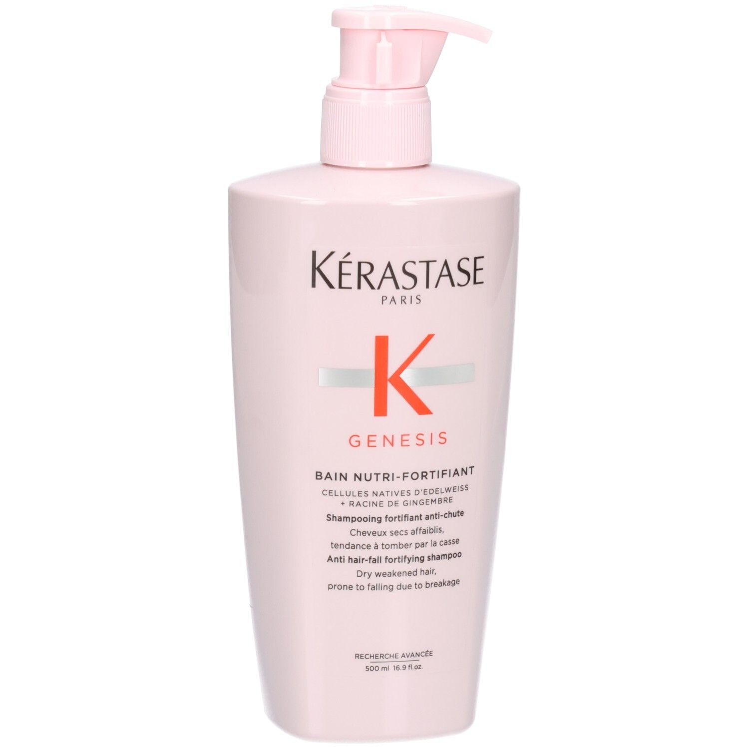 Kérastase Genesis Bain Nutri-Fortifiant Shampoo in roze fles met pompdos.