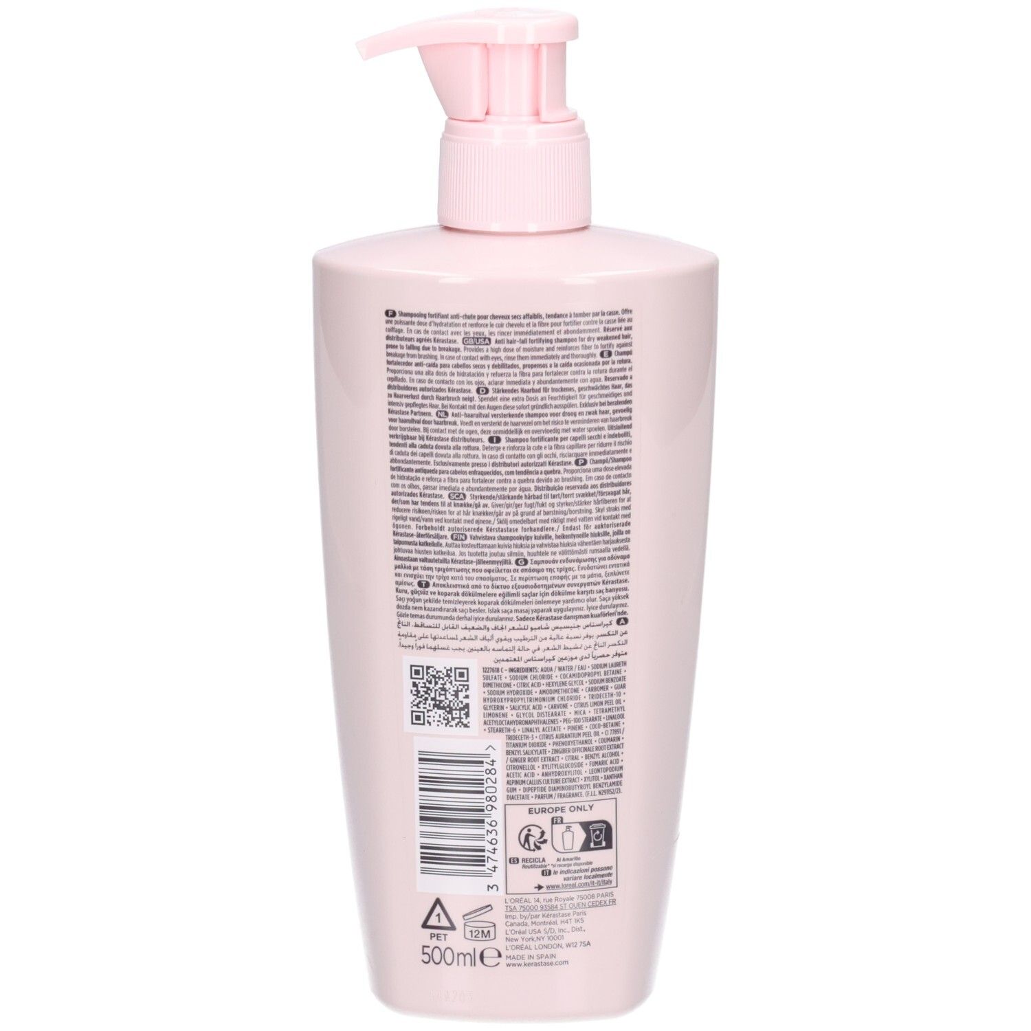 Achterkant van de Kérastase Genesis Bain Nutri-Fortifiant shampoo fles met etiket en barcode.