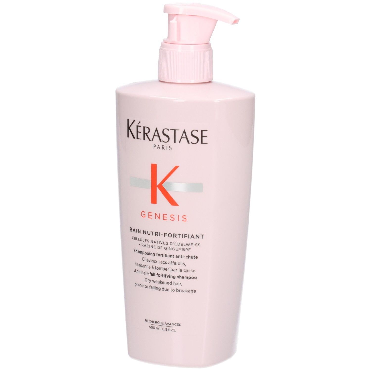 Kérastase Genesis Bain Nutri-Fortifiant Shampoo in roze fles met pompdos, vooraanzicht.