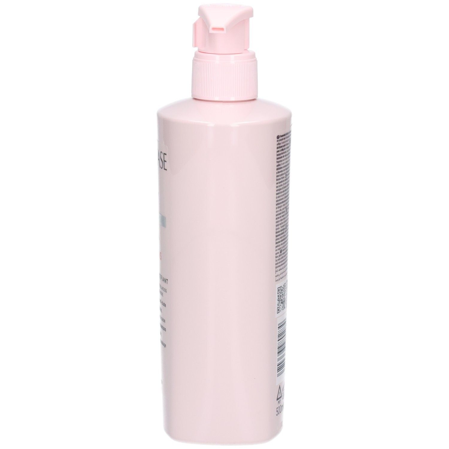 Zijaanzicht van de roze Kérastase Genesis Bain Nutri-Fortifiant shampoo fles met pompdos.