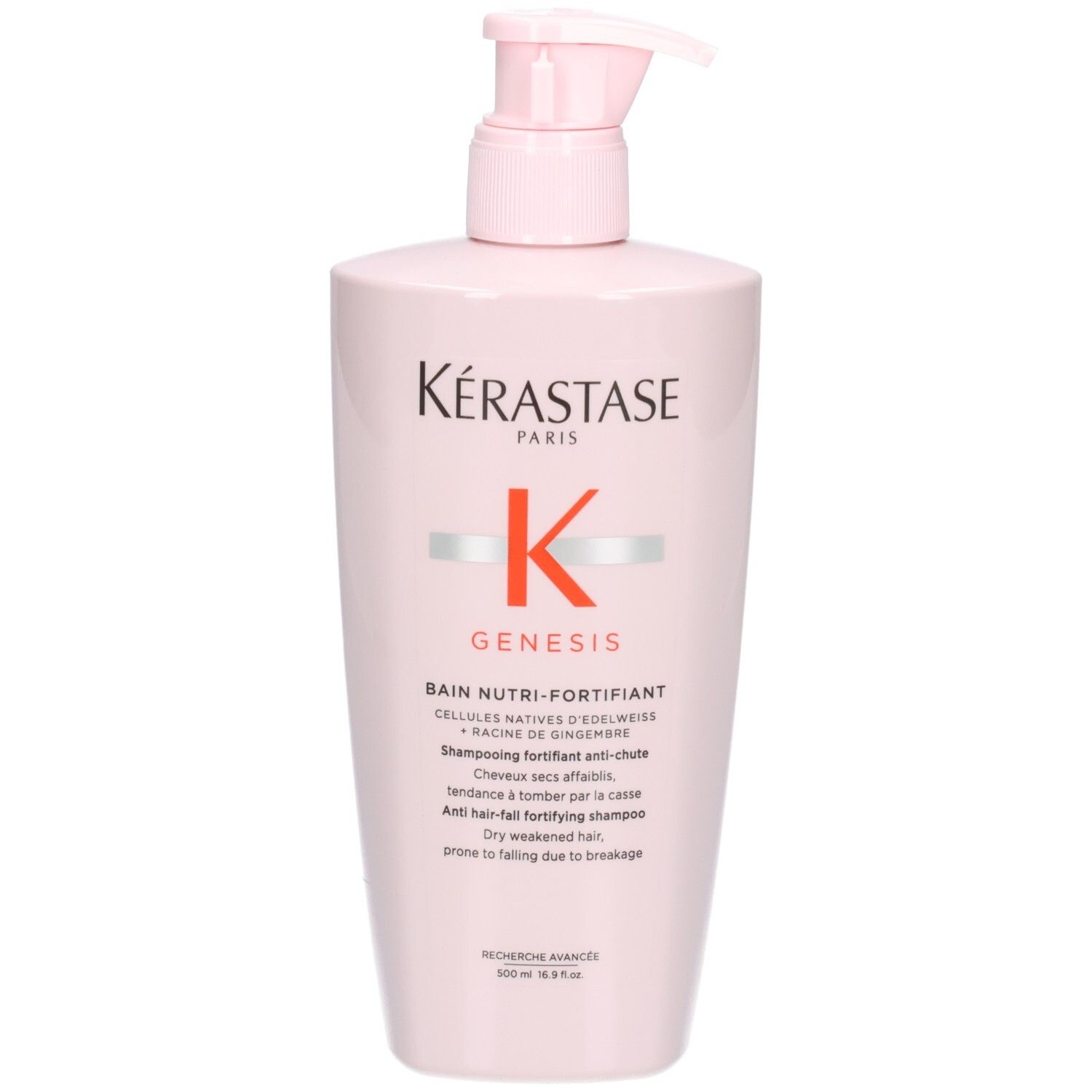 Kérastase Genesis Bain Nutri-Fortifiant Shampoo in roze fles met pompdos, vooraanzicht.