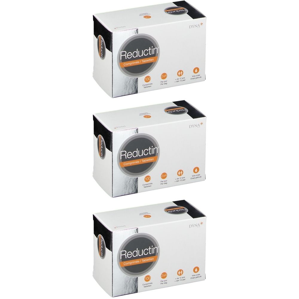 Trois boîtes de comprimés Reductin. Emballage blanc avec nom et logo du produit. 100 comprimés par boîte.