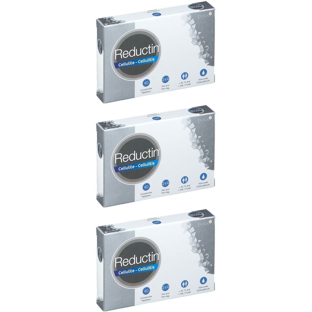Drie dozen DYNA+ Reductin® Cellulite. Witte verpakking met blauwe cirkel en productnaam. Grijze zijkanten.
