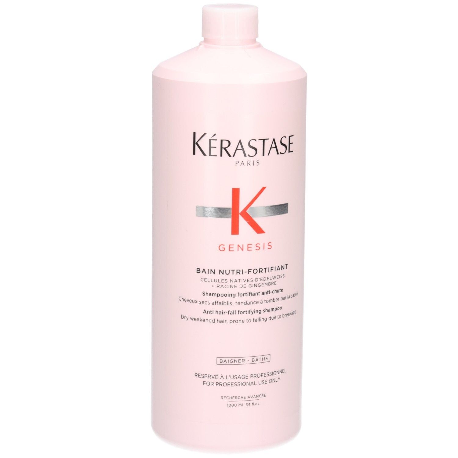 Kérastase Genesis Bain Hydra-Fortifiant Shampooing, 1000ml, flacon rose.