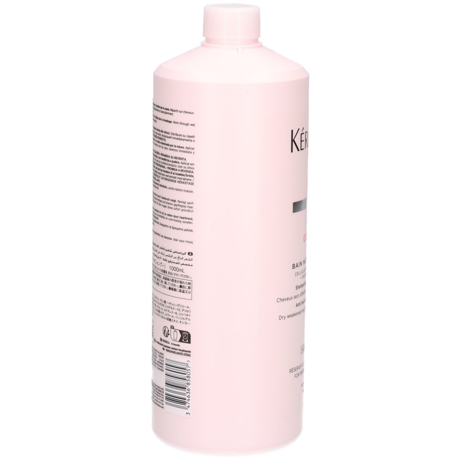 Arrière du flacon Kérastase Genesis Bain Hydra-Fortifiant Shampooing avec texte.