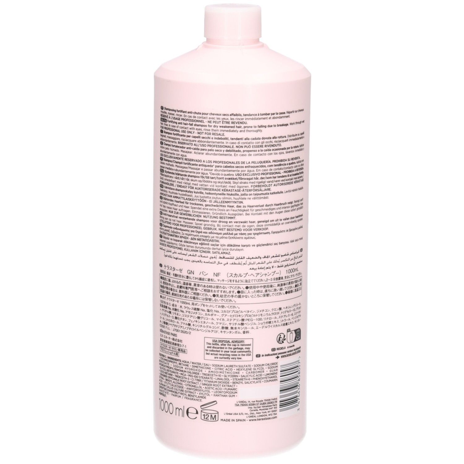 Arrière du flacon Kérastase Genesis Bain Hydra-Fortifiant Shampooing avec texte et code-barres.