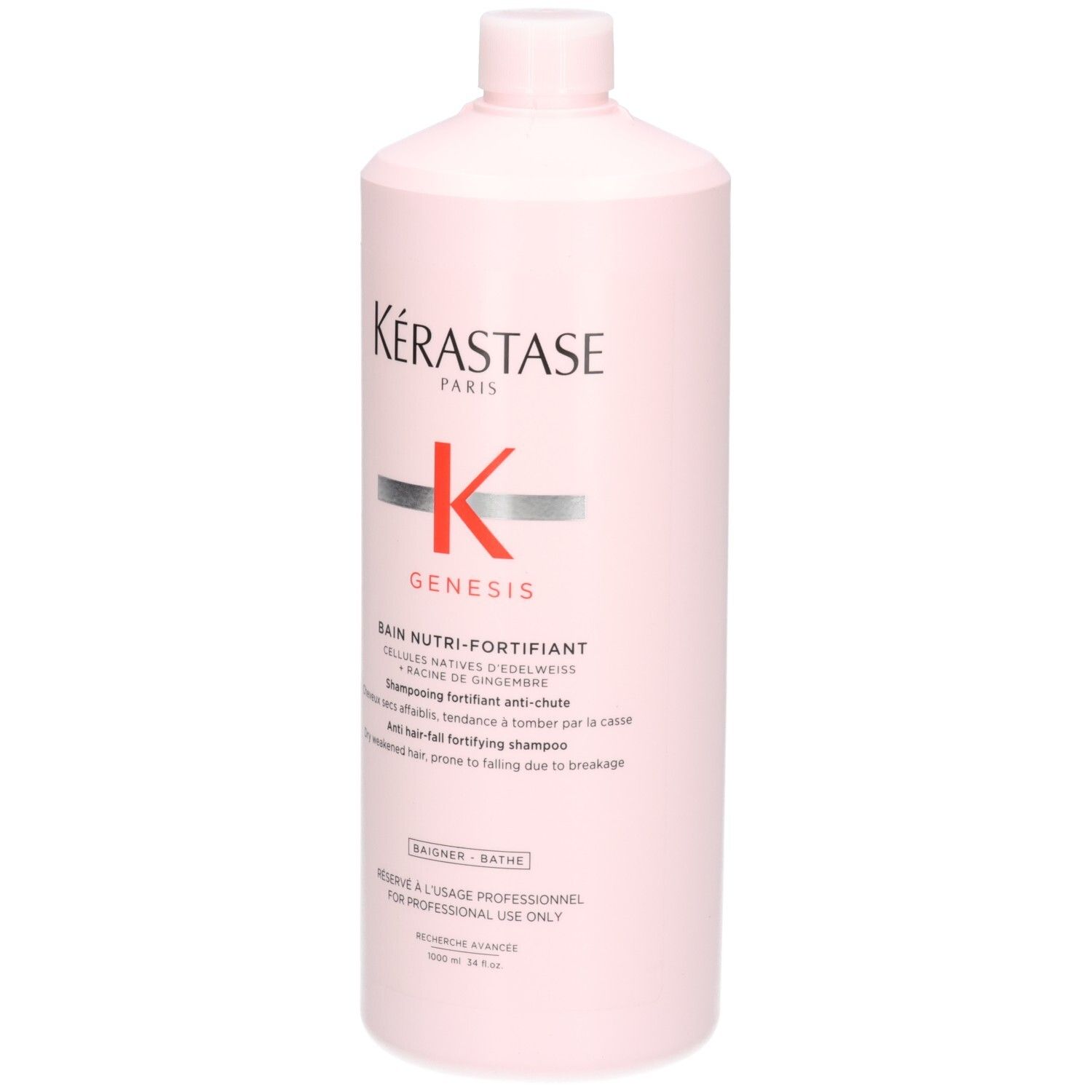 Kérastase Genesis Bain Hydra-Fortifiant Shampooing, 1000ml, flacon rose, vue de face.