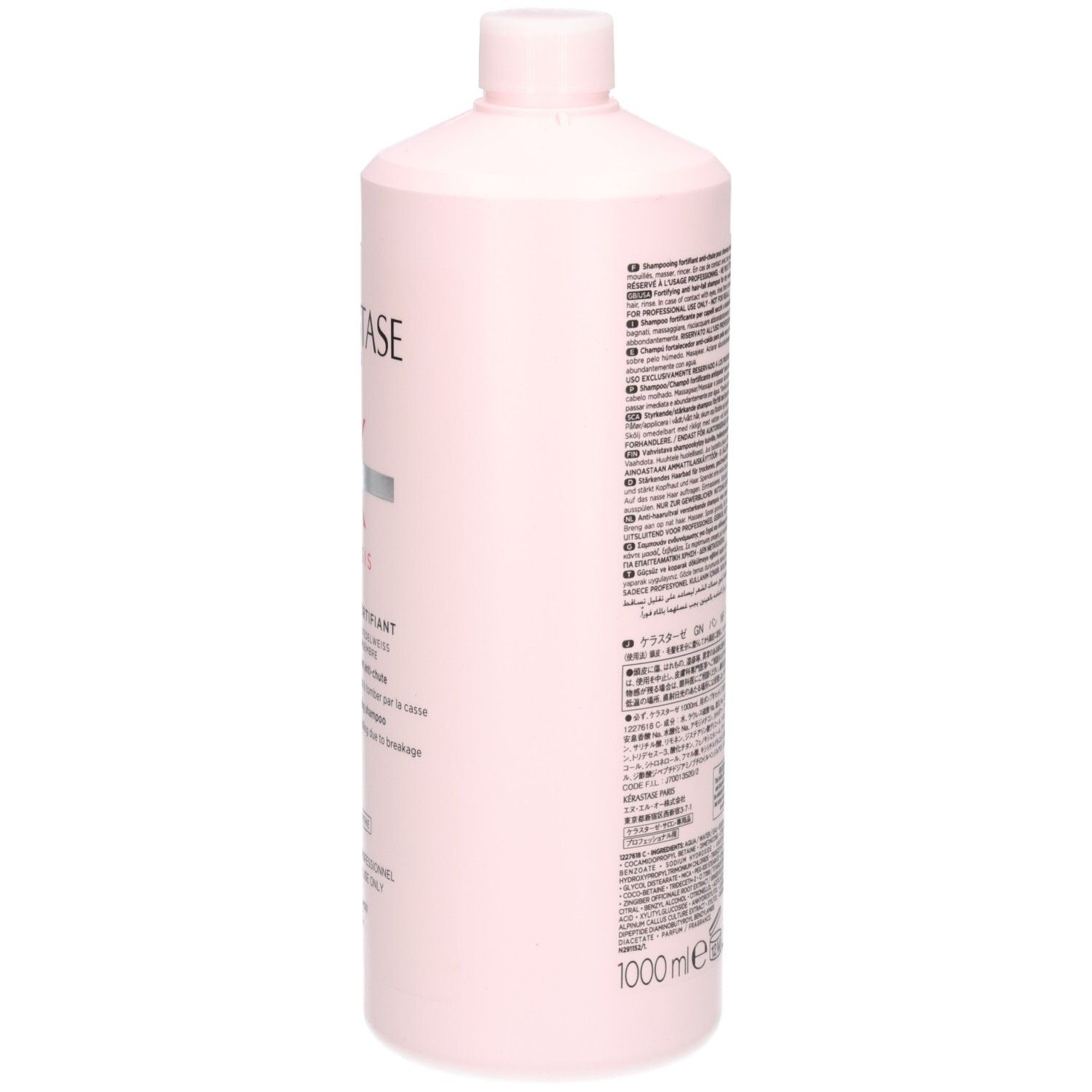 Côté du flacon Kérastase Genesis Bain Hydra-Fortifiant Shampooing avec texte.