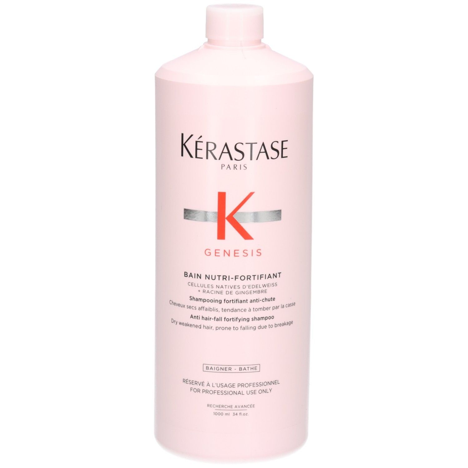 Kérastase Genesis Bain Hydra-Fortifiant Shampooing, 1000ml, flacon rose, avec texte.