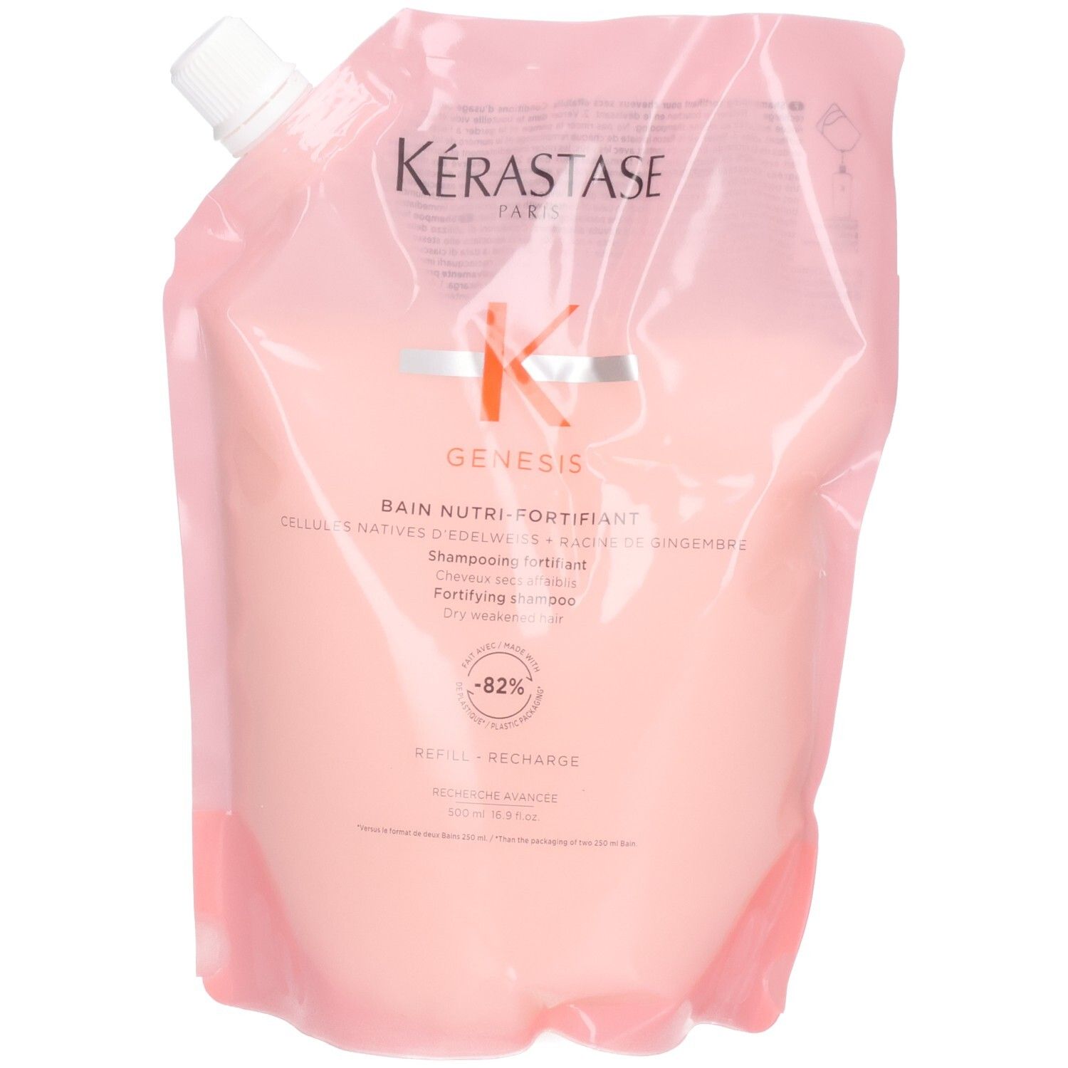 Kérastase Genesis Bain Nutri-Fortifiant Shampoo Recharge, 500ml. Pochette rose avec bouchon blanc.