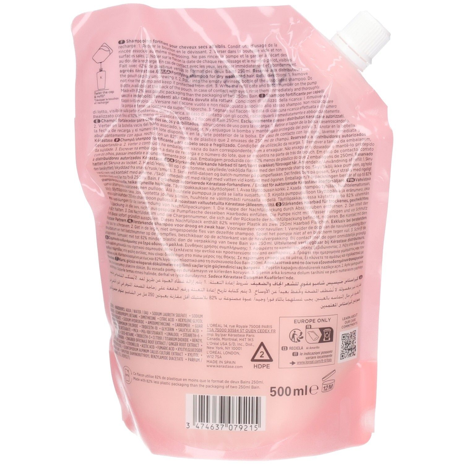 Arrière de la recharge de shampooing Kérastase Genesis Bain Nutri-Fortifiant, 500ml. Contient des instructions et des informations produit.