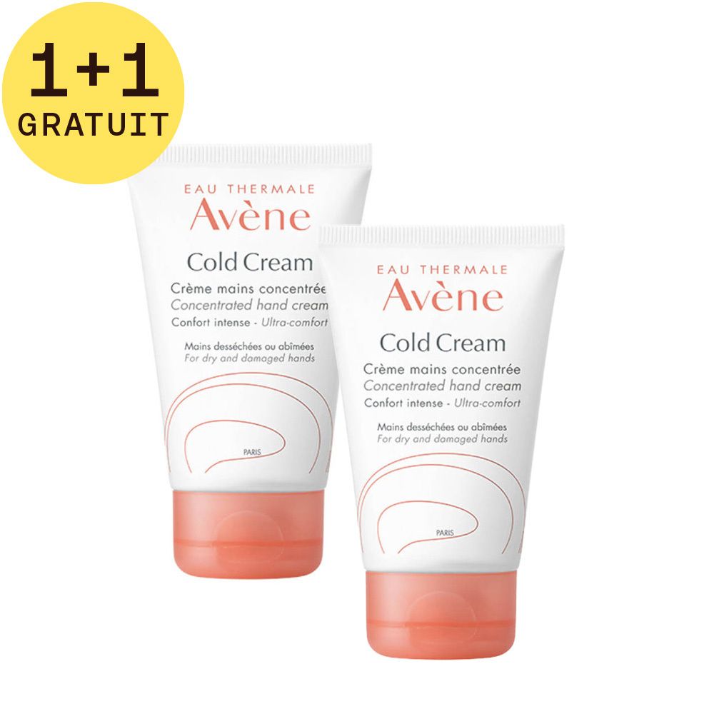 Deux tubes de crème pour les mains Avène Cold Cream. Étiquette : 1+1 GRATUIT.