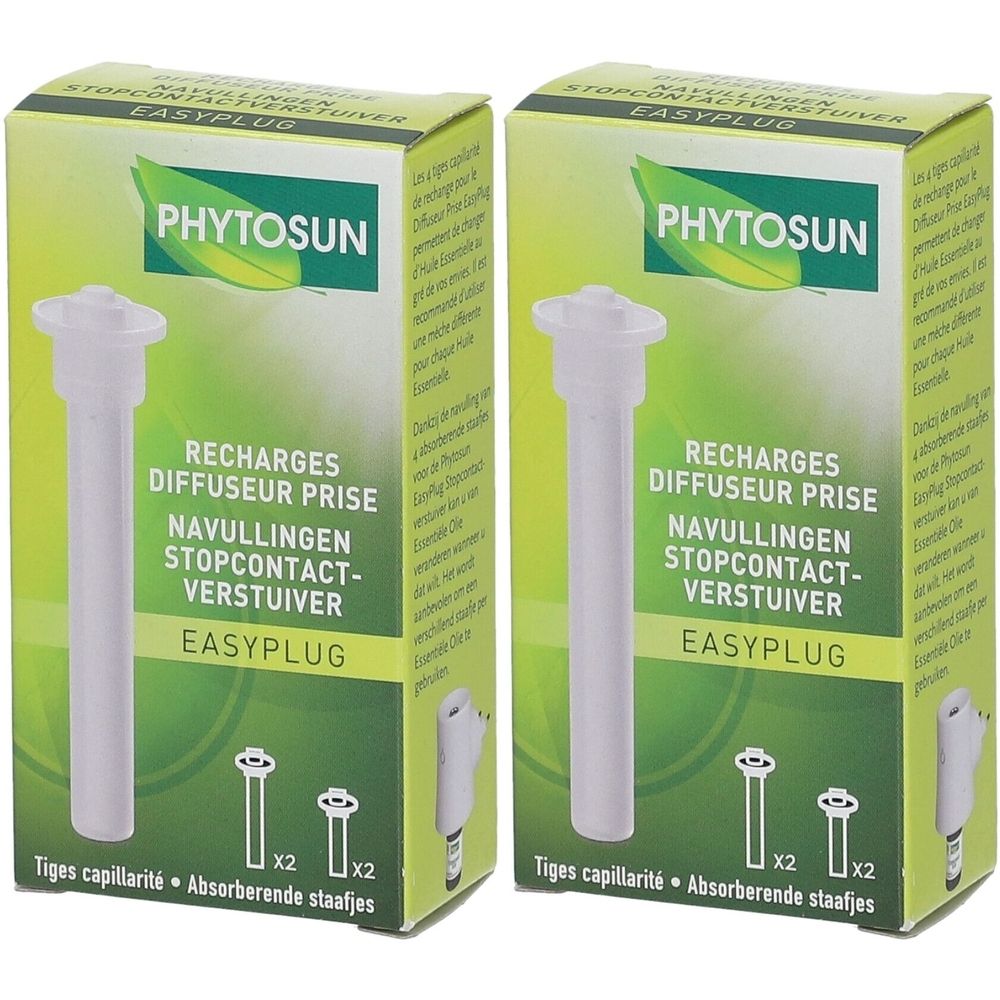 Twee dozen met witte navulstaafjes. Opschrift: PHYTOSUN, RECHARGES DIFFUSEUR PRISE, NAVULLINGEN STOPCONTACT-VERSTUIVER, EASYPLUG.