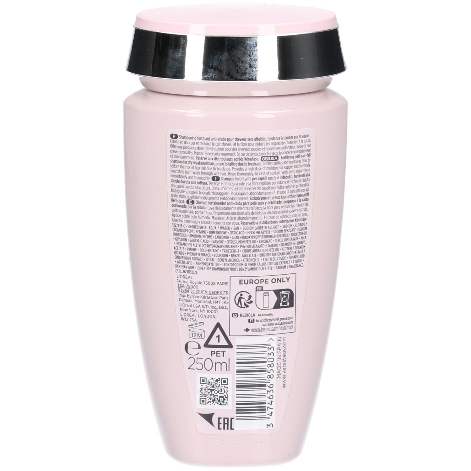 Achterkant van de roze Kérastase Genesis Bain Nutri-Fortifiant Shampoo fles met details.