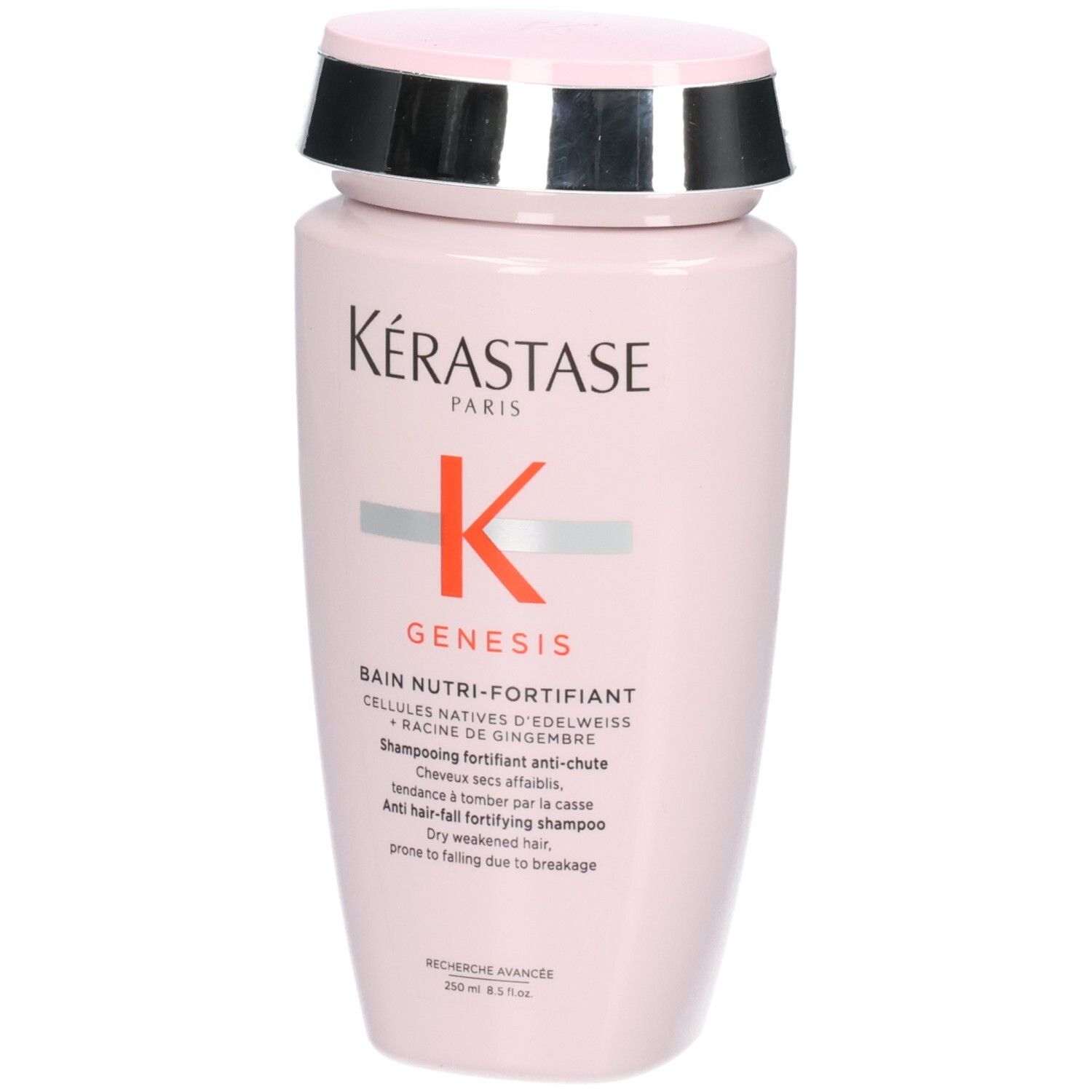 Kérastase Genesis Bain Nutri-Fortifiant Shampoo, 250ml, roze fles, vooraanzicht.