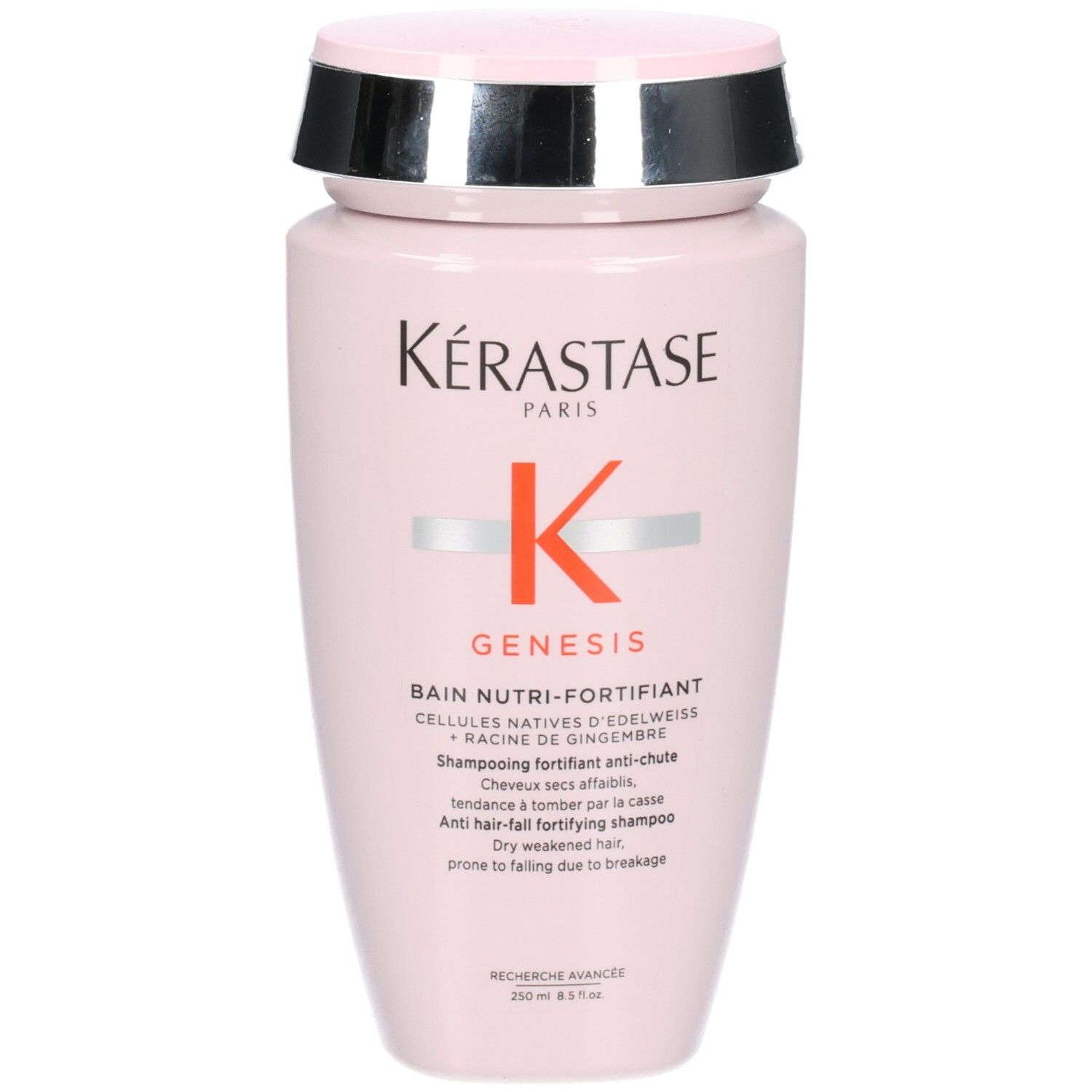 Vooraanzicht van de roze Kérastase Genesis Bain Nutri-Fortifiant Shampoo fles.