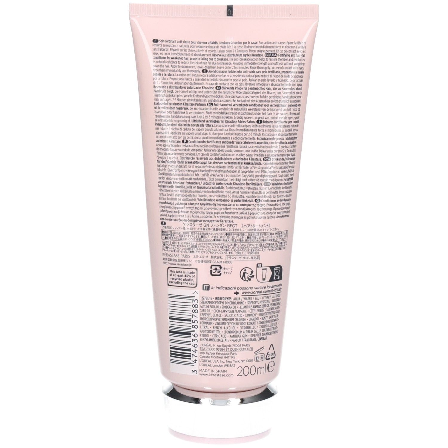 Arrière du tube Kérastase Genesis Fondant Renforçateur, 200ml. Contient les instructions d'utilisation et les ingrédients.