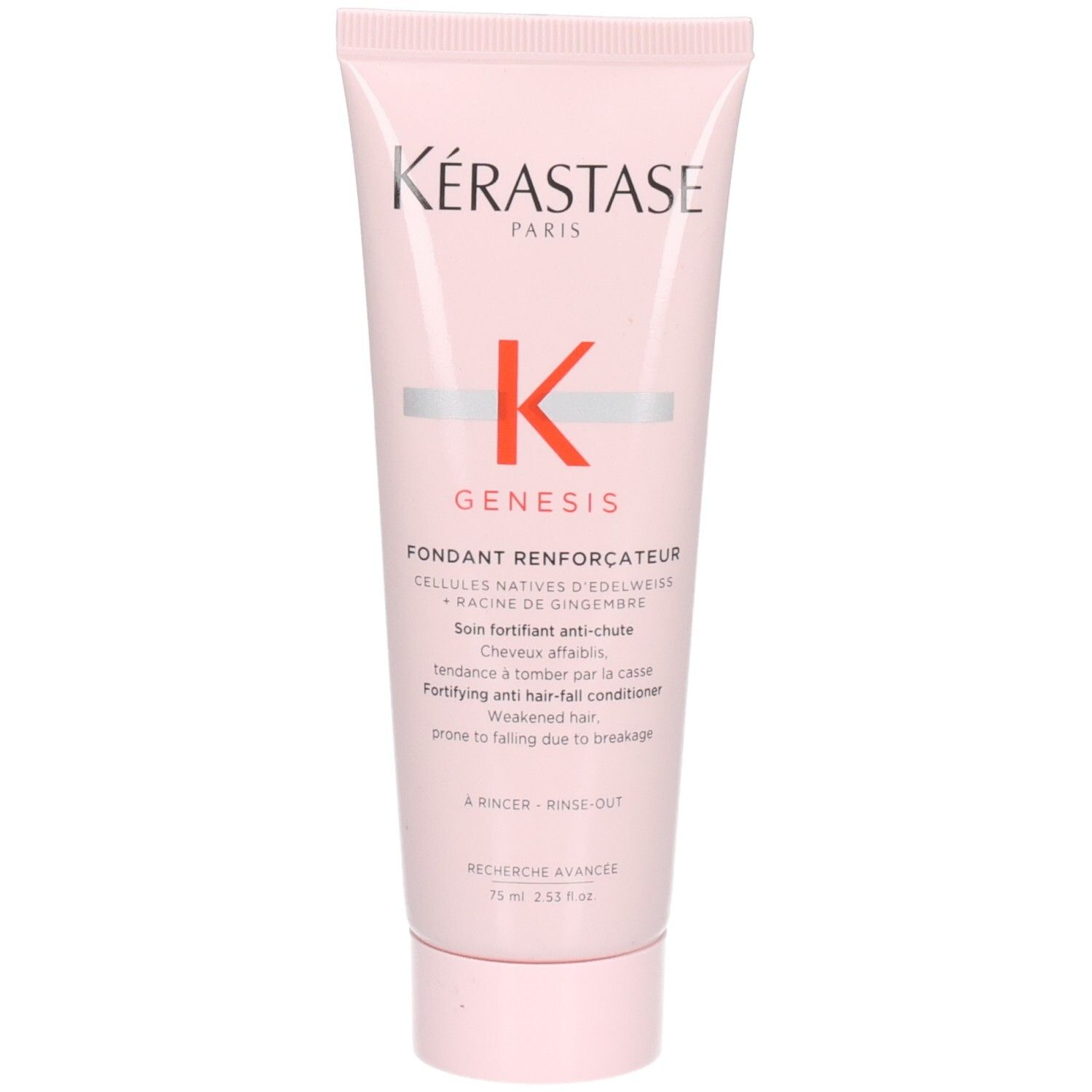 Kérastase Genesis Fondant Renforçateur conditioner in roze tube met K-logo en productinformatie.
