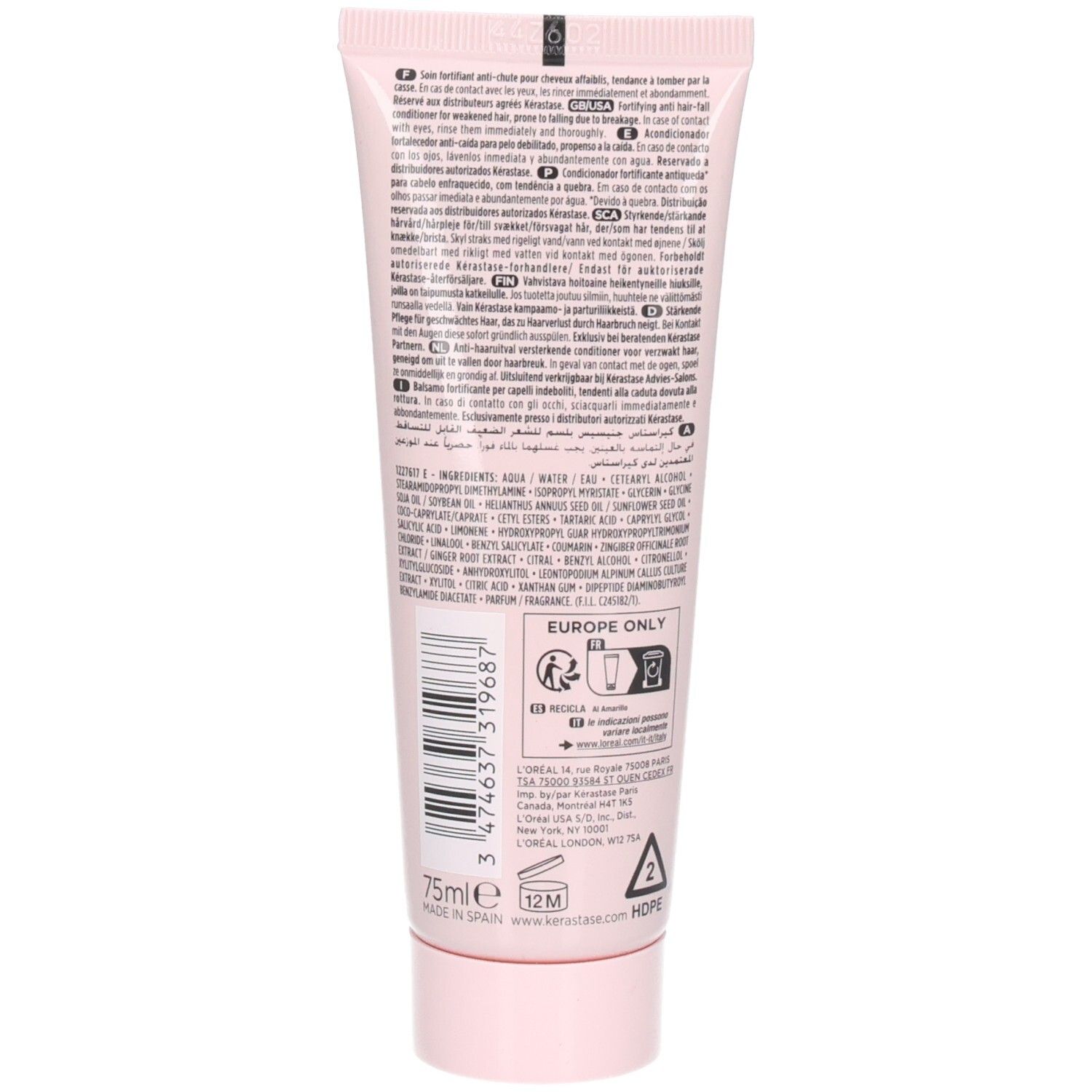Achterkant van de Kérastase Genesis Fondant Renforçateur tube met ingrediënten en gebruiksaanwijzing.