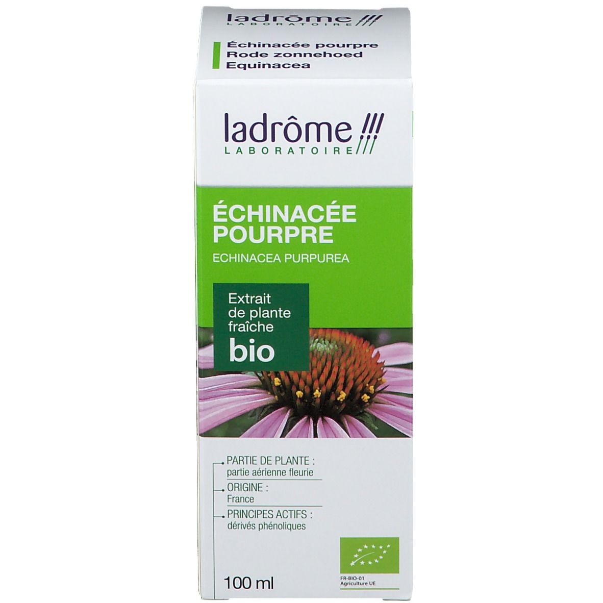Boîte blanche avec texte et logo. Nom du produit: Echinacea Purpurea. Illustration d'une fleur.