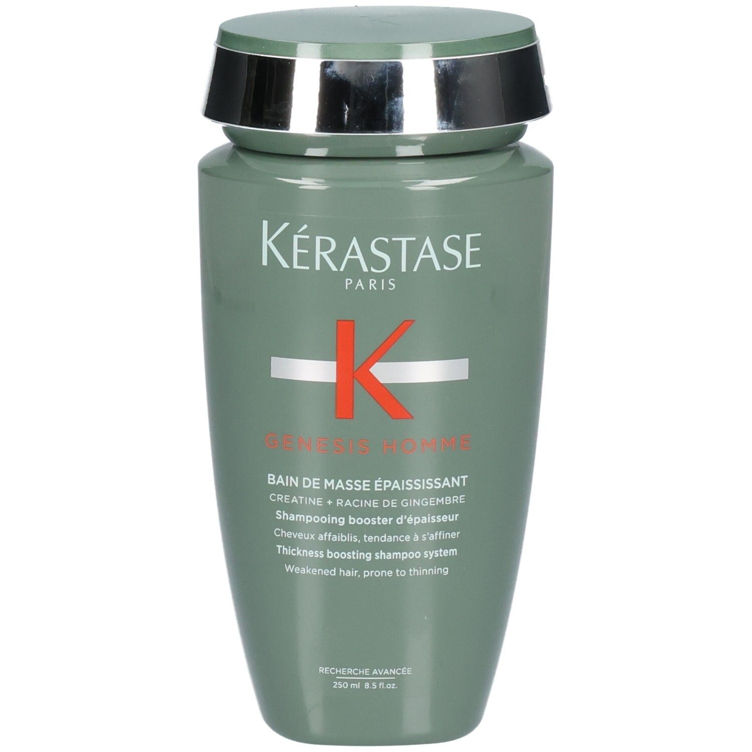 Kérastase Genesis Homme Bain de Masse Épaississant Shampooing, 250ml. Flacon vert avec bouchon argenté et gris.